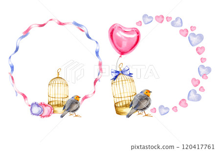 watercolor set of wreath from pink and lilac ribbons, pink and lilac hearts, golden bird cage, cute red breasted bird, pillows in the shape of a heart, hand drawn illustration for valentine's day 120417761