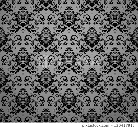Wallpaper in the style of Baroque. Seamless vector background. Gray and black floral ornament. Graphic pattern for fabric, wallpaper, packaging. Ornate Damask flower ornament 120417915