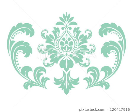 Damask graphic ornament. Floral design element. Green and white vector pattern 120417916