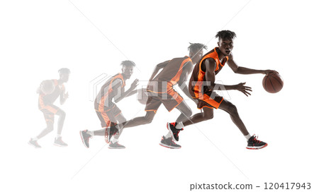 Basketball player in orange uniform performing dynamic dribble, captured in series of motion overlays. Highlights agility and strategy. 120417943