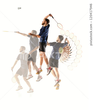 Detailed motion sequence of badminton player performing high smash. Showcases athletic skill and focus in racket sports. 120417946