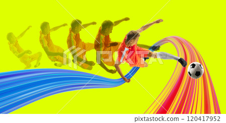 Soccer player in orange uniform kicks ball, leaving vivid trail of motion lines against vibrant yellow background, symbolizing speed and agility. 120417952