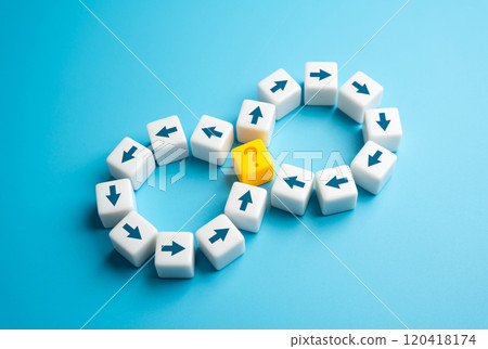 A closed loop with an unanswered question. Find a solution and break the endless circle. Make a discovery that will solve an important problem. The concept of new attempts and returning to the source. A closed loop with an unanswered question. Find a solution and break the endless circle. Make a discovery that will solve an important problem. The concept of new attempts and returning to the source. 120418174