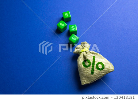Money bag with interest and blocks with dollar symbols. Concept of deposits and loans. Earn on deposits. Dividends Money bag with interest and blocks with dollar symbols. Concept of deposits and loans. Earn on deposits. Dividends 120418181