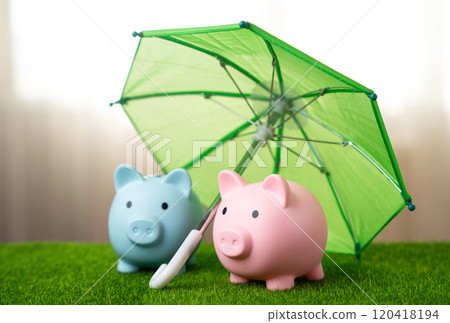 Two piggy banks under a green umbrella. Concept of saving family funds and couple's budget in a relationship. Insurance and financial security. Young families and money. Two piggy banks under a green umbrella. Concept of saving family funds and couple's budget in a relationship. Insurance and financial security. Young families and money. 120418194