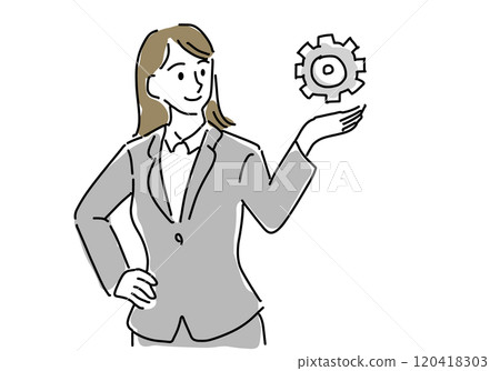 穿著西裝和齒輪的女人的粗手繪線圖 120418303