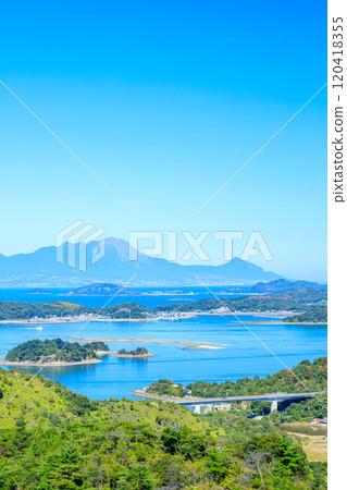 View of Mount Unzen and Amakusa from the Senganzan Observatory in early autumn, Kamiamakusa City, Kumamoto Prefecture 120418355