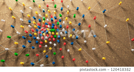 color pin with rope in network concept background cork board 120418382