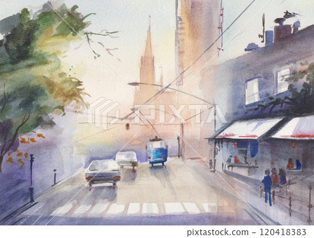 street in Moscow next to a high-rise building 120418383