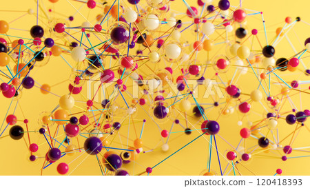 Vibrant Web: Colorful Spheres Linked on a Bright Yellow Canvas Vibrant Web: Colorful Spheres Linked on a Bright Yellow Canvas 120418393