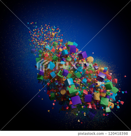 Dynamic Geometry: A Colorful Burst of Shapes Against a Deep Blue Canvas 120418398