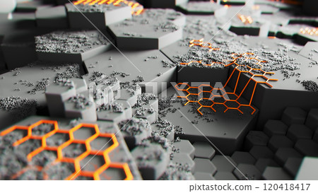 Futuristic Hexagonal Surface with Orange Accents Futuristic Hexagonal Surface with Orange Accents 120418417