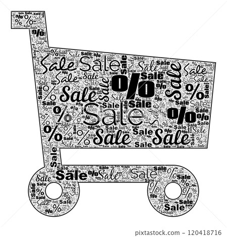 Black and white word cloud in shape of shopping cart focusing on sale and discount related terms, Black Friday Black and white word cloud in shape of shopping cart focusing on sale and discount related terms, Black Friday 120418716