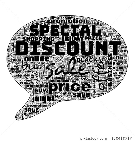Black-and-white word cloud in shape of speech bubble, emphasizing sale, discount, and promotional terms Black-and-white word cloud in shape of speech bubble, emphasizing sale, discount, and promotional terms 120418717