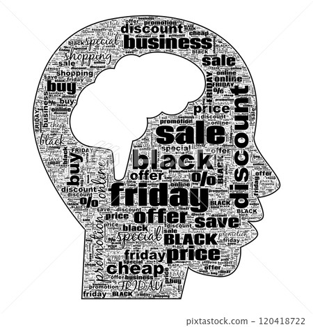 Black and white word cloud in shape of profile head silhouette featuring Black Friday and sale-related terms Black and white word cloud in shape of profile head silhouette featuring Black Friday and sale-related terms 120418722
