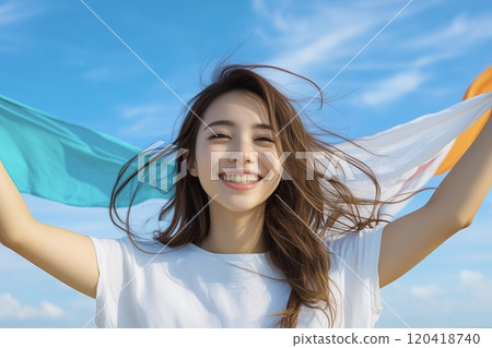 AI 產生的圖像：一名年輕女子在藍天上鋪布 120418740