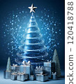 Swirling abstract Christmas tree and silver gifts, blue background (Christmas, presents, winter) 120418788