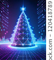 Futuristic grid background with neon Christmas tree and glowing lights (christmas, futuristic, neon) 120418789