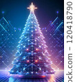 Digital Christmas tree with glowing lights on abstract grid background (Christmas, digital, futuristic) 120418790