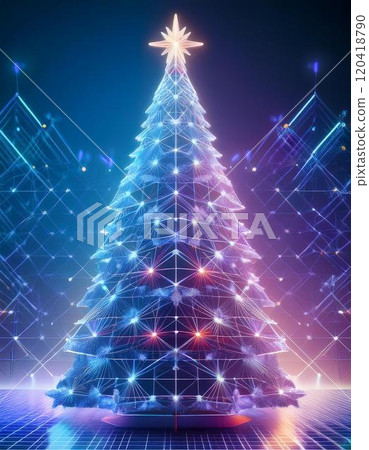 抽象網格背景上有發光燈的數位聖誕樹（聖誕節、數字、未來） 120418790