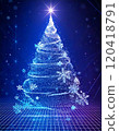 Abstract Christmas tree with snowflakes and sparkles on a blue grid background (Christmas, Winter, Glitter) 120418791