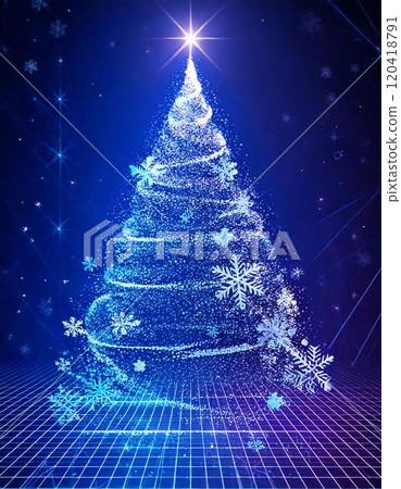 藍色網格背景上有雪花的閃亮抽象聖誕樹（聖誕節，冬天，閃光） 120418791