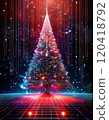Futuristic Christmas tree with glowing lights and light particles on a neon grid (Christmas, Future, Technology 120418792