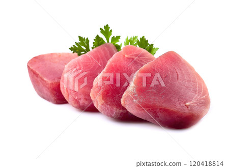 Tuna fish fillet on white backgrounds Tuna fish fillet on white backgrounds 120418814