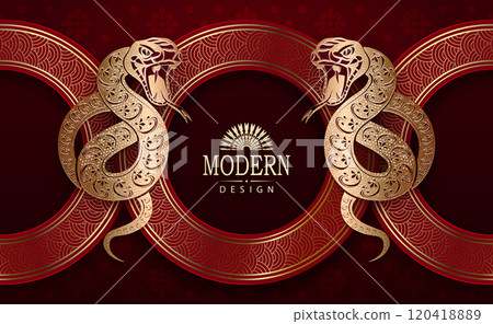 Chinese New Year 2025, round frame with isolated snakes, Asian elements in red and gold 120418889