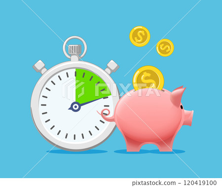 Piggy bank with coins next to clock. Piggy bank with coins next to clock. 120419100