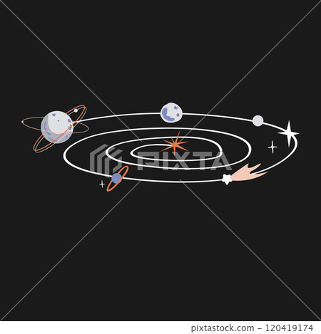 Cartoon abstract spiral galaxy isolated design element. Space galaxy with stars and planets. Vector illustration. 120419174