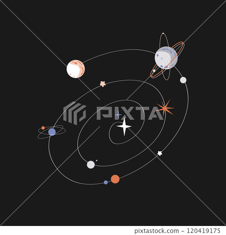 Cartoon abstract spiral galaxy isolated design element. Space galaxy with stars and planets. Vector illustration 120419175