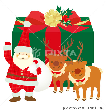 聖誕老人和馴鹿在聖誕禮物前微笑的向量圖 聖誕老人和馴鹿在聖誕禮物前微笑的向量圖 120419182