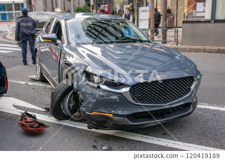 Traffic accident scene and bicycle helmet 120419189