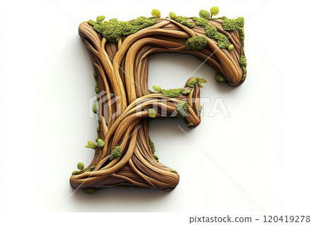 Bold rustic wooden capital letter F, aged oak wood, moss growing in crevices, white background 120419278