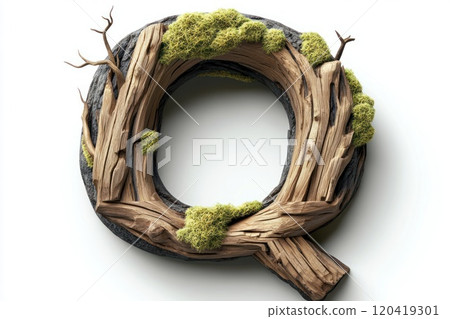 smooth bold wooden capital letter Q, aged oak wood, moss growing in crevices, white background 120419301