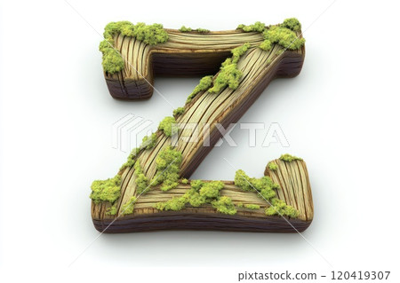 smooth bold wooden capital letter Z, aged oak wood, moss growing in crevices, white background 120419307
