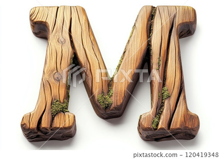 Bold rustic wooden capital letter M, aged oak wood, moss growing in crevices, white background 120419348
