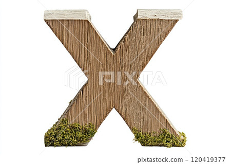 Bold rustic wooden capital letter X, aged oak wood, moss growing in crevices, white background 120419377