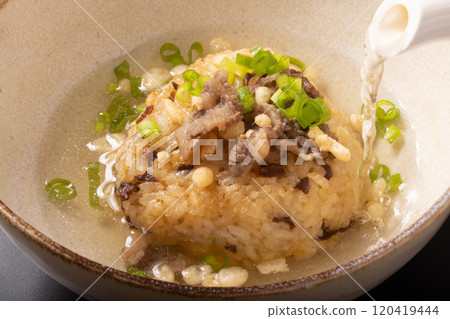 Japanese Black Beef, Rice Balls, Dashi Chazuke Japanese Black Beef, Rice Balls, Dashi Chazuke 120419444