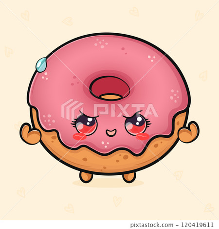Cute funny pink Donut strong. Vector hand drawn cartoon kawaii character illustration icon. Isolated on light background. Pink Donut shows muscles character concept 120419611