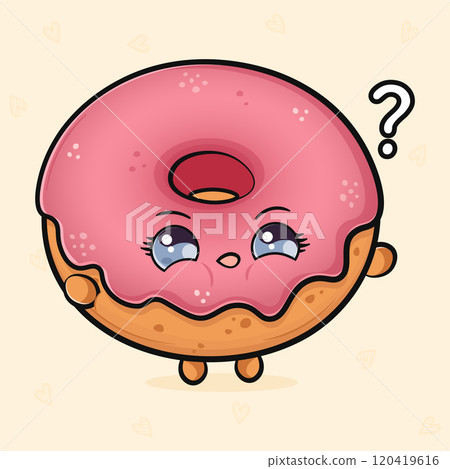 Pink Donut and question mark. Vector hand drawn cartoon kawaii character illustration icon. Isolated on light background. Pink Donut character concept Pink Donut and question mark. Vector hand drawn cartoon kawaii character illustration icon. Isolated on light background. Pink Donut character concept 120419616