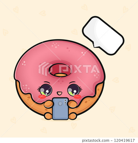 Pink Donut with a smartphone in hand. Vector hand drawn cartoon kawaii character illustration icon. Isolated on light green background. Pink Donut character concept Pink Donut with a smartphone in hand. Vector hand drawn cartoon kawaii character illustration icon. Isolated on light green background. Pink Donut character concept 120419617
