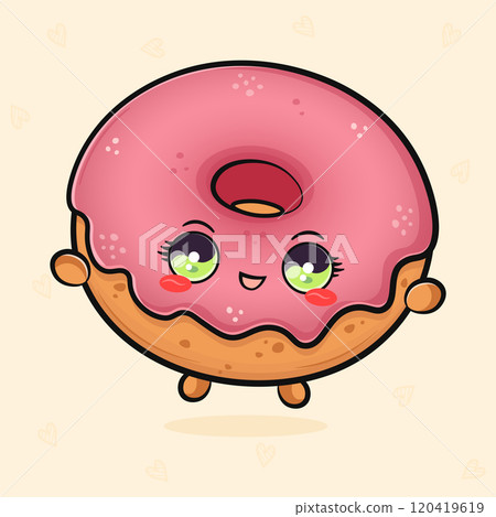 Cute funny jumping pink Donut. Vector hand drawn cartoon kawaii character illustration icon. Isolated on light green background. pink Donut concept 120419619