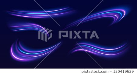 Speed police line set. Laser beams, horizontal light rays. Magic shining neon light line trails. Purple glowing wave swirl, impulse cable lines. High speed effect motion blur night lights 120419629