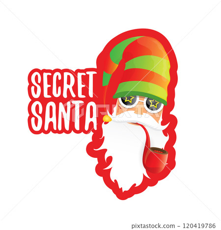 vector secret santa claus with sunglasses label or sticker isolated on white background. Secret santa gift png ideas concept illustration 120419786