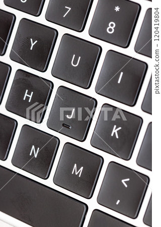 keyboard of famous silver colored laptop with fingerprints 120419804