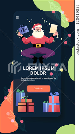 Santa Claus levitating gifts festive theme colorful design with presents and decorative elements dark background mobile app screen Santa Claus levitating gifts festive theme colorful design with presents and decorative elements dark background mobile app screen 120419855