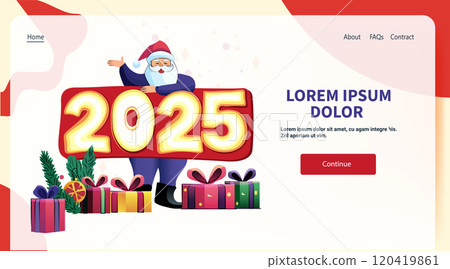 Santa holding 2025 sign with gifts festive scene colorful design elements holiday theme website banner 120419861