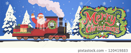 Santa on festive train Christmas winter scene snowy trees presents wreath colorful design holiday greeting card Santa on festive train Christmas winter scene snowy trees presents wreath colorful design holiday greeting card 120419883